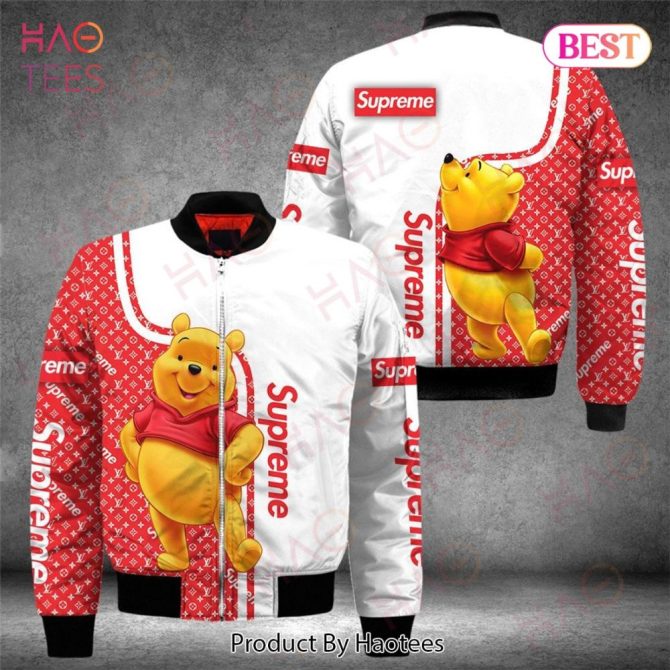 Stylish Cartoon Bear Bomber Jacket - Trendy Red Supreme Print, Unisex Casual Wear, Perfect Gift!