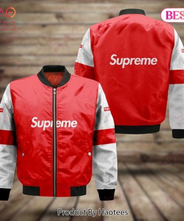 Stylish Red & White Bomber Jacket By Haotees - Supreme Logo - Perfect For Streetwear Fashion