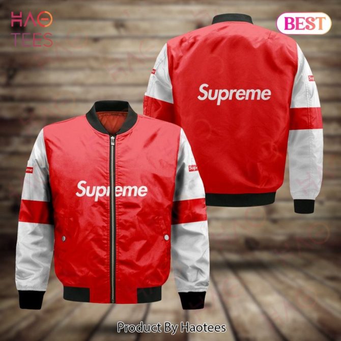 Stylish Red & White Bomber Jacket By Haotees - Supreme Logo - Perfect For Streetwear Fashion
