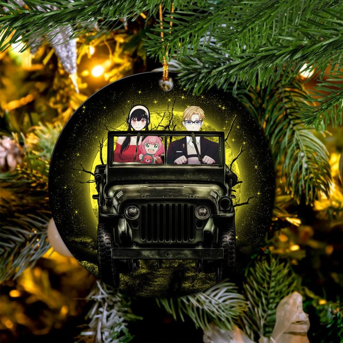 Spy X Family Yor And Anya Ride Jeep Moonlight Halloween Funny Ceramic Circle Ornament Perfect Gift For Christmas Holiday