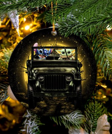 Stitch And Baby Yoda Ride Jeep Moonlight Halloween Funny Ceramic Circle Ornament Perfect Gift For Christmas Holiday