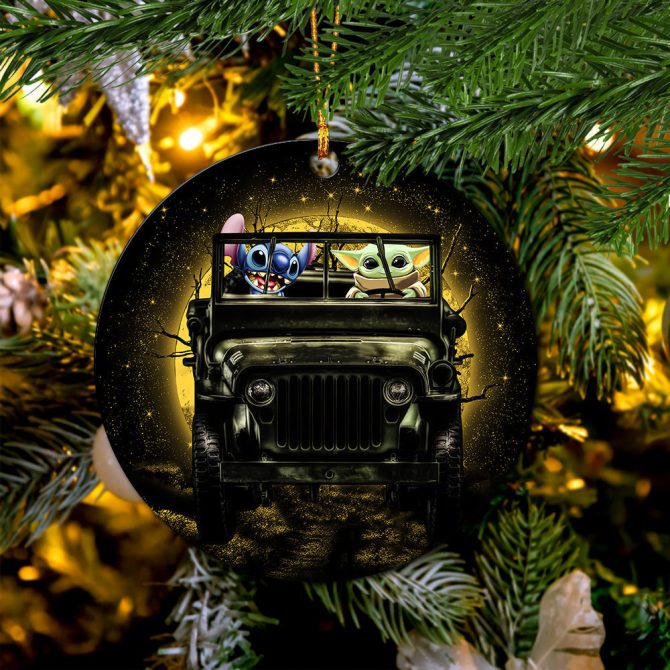Stitch And Baby Yoda Ride Jeep Moonlight Halloween Funny Ceramic Circle Ornament Perfect Gift For Christmas Holiday