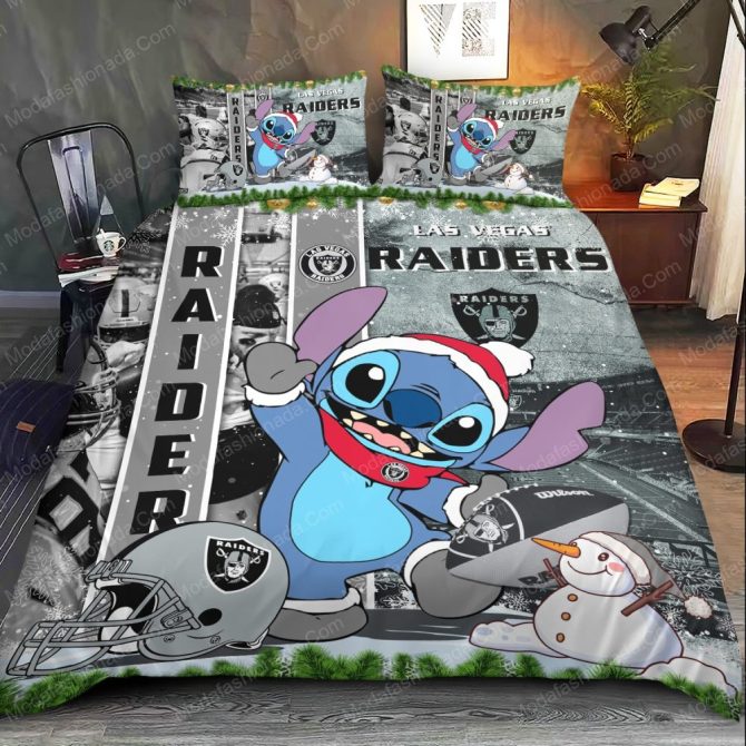 Cozy Las Vegas Raiders Stitch Christmas Bedding Set - Perfect Gift For Nfl Fans! - Image 2