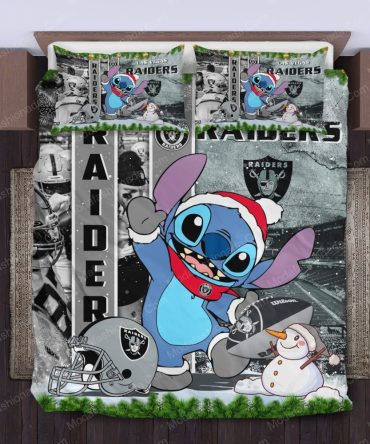 Cozy Las Vegas Raiders Stitch Christmas Bedding Set - Perfect Gift For Nfl Fans!