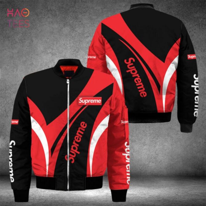 Stylish Red & Black Supreme Bomber Jacket – Trendy Men'S Outerwear For Street Fashion Enthusiasts - Image 2