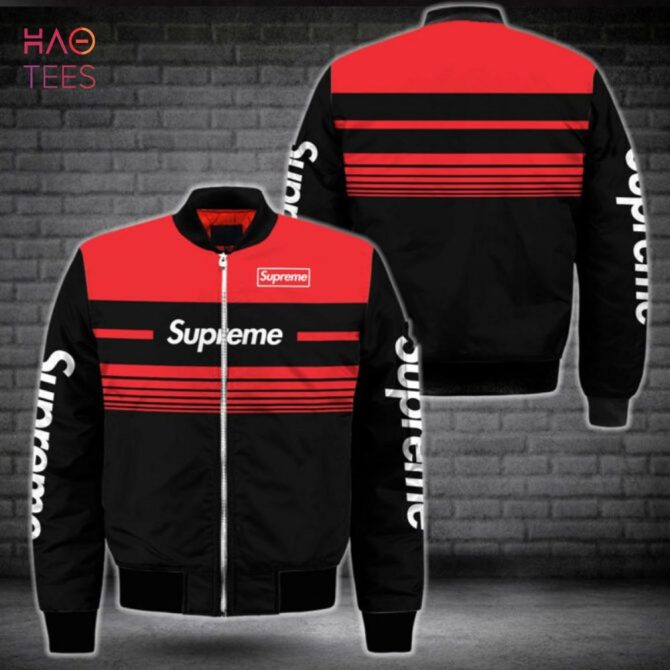 Supreme Red & Black Striped Bomber Jacket - Trendy Streetwear For Men - Image 2