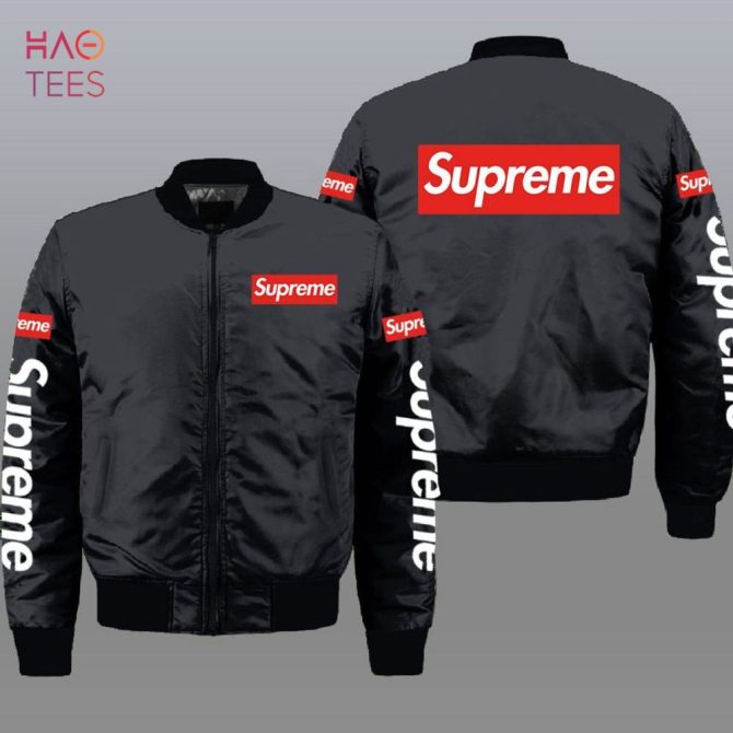 Best Supreme Luxury Brand Full Black Mix Red Logo Bomber Jacket Limited Edition
