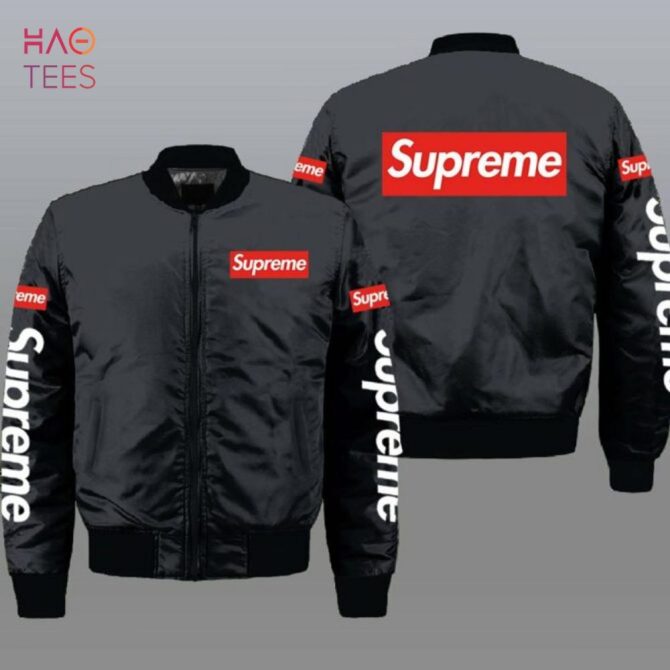 Best Supreme Luxury Brand Full Black Mix Red Logo Bomber Jacket Limited Edition - Image 2