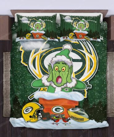 Festive Green Bay Packers Grinch Bedding Set - Cozy Holiday Vibes For Fans