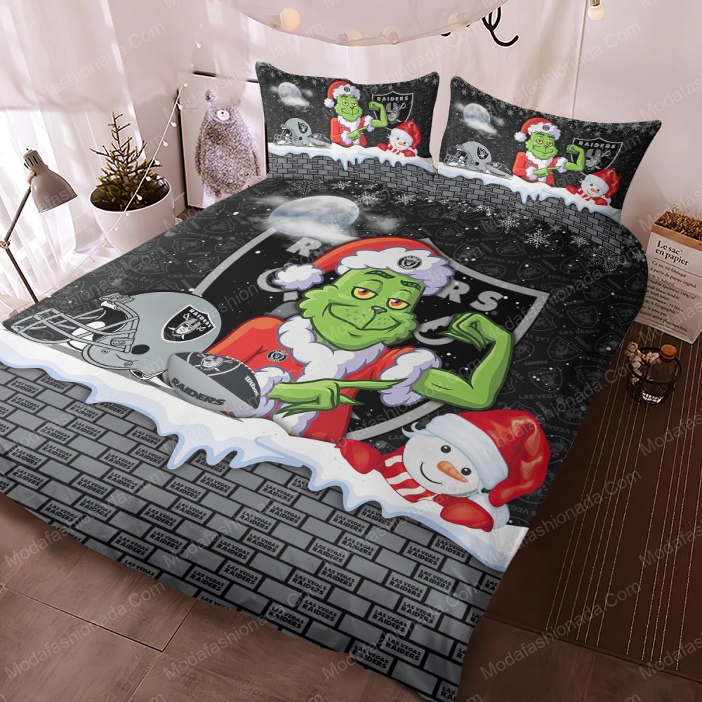 Festive Grinch Raiders Bedding Set - Cozy Christmas Gift For Nfl Fans - Image 3