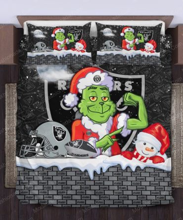 Festive Grinch Raiders Bedding Set - Cozy Christmas Gift For Nfl Fans
