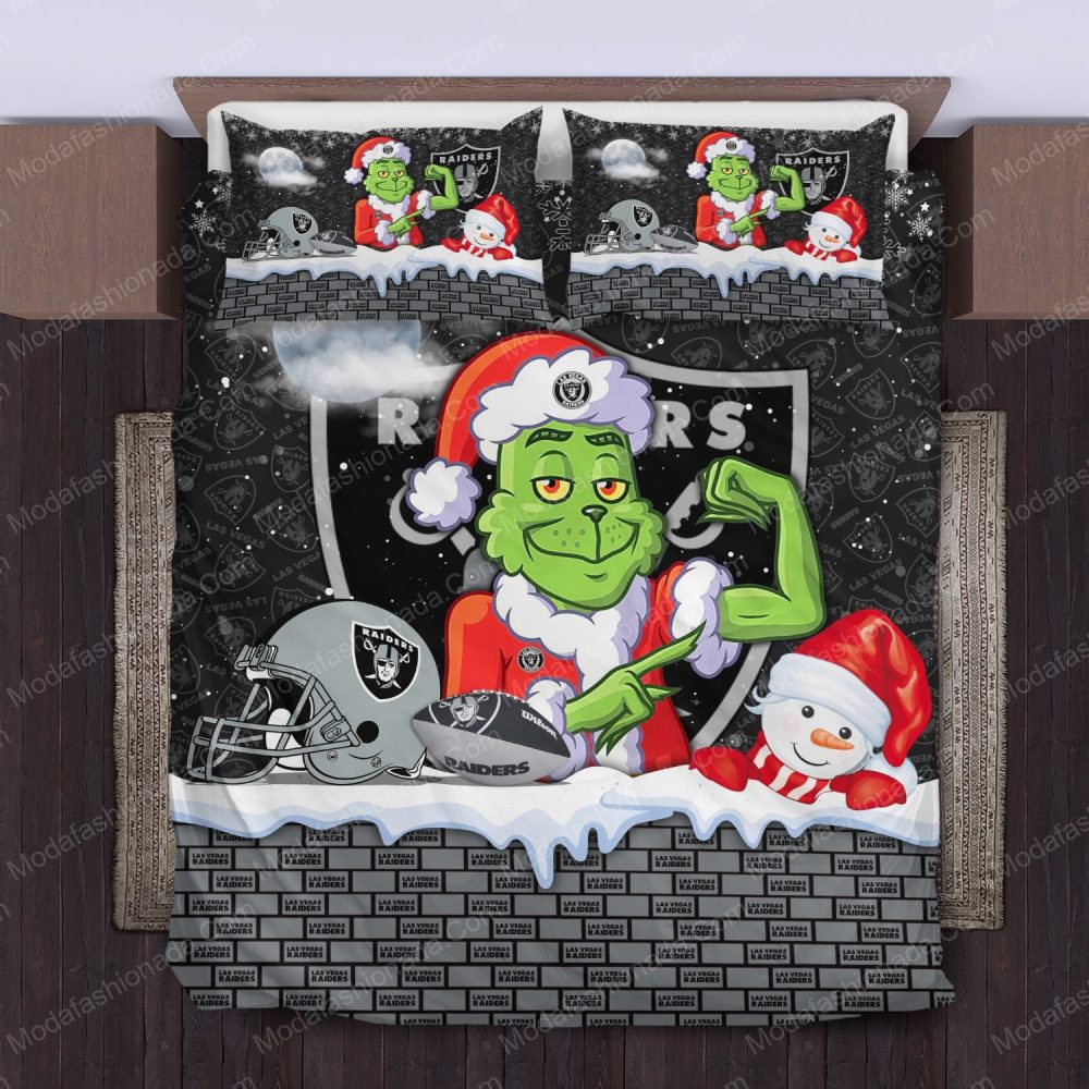 Festive Grinch Raiders Bedding Set - Cozy Christmas Gift For Nfl Fans