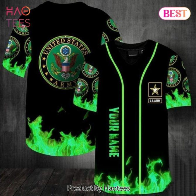 Custom U.S. Army Baseball Jersey With Green Flame Design - Personalize Your Style Today!