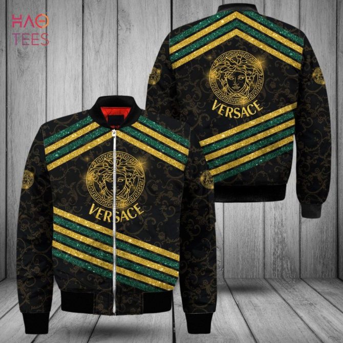 New Versace Luxury Brand Green Mix Gold Stripe Bomber Jacket Limited Edition