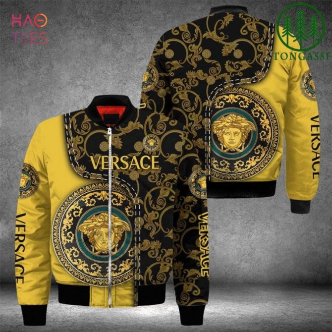 Hot Versace Luxury Brand Black Mix Gold Bomber Jacket Limited Edition
