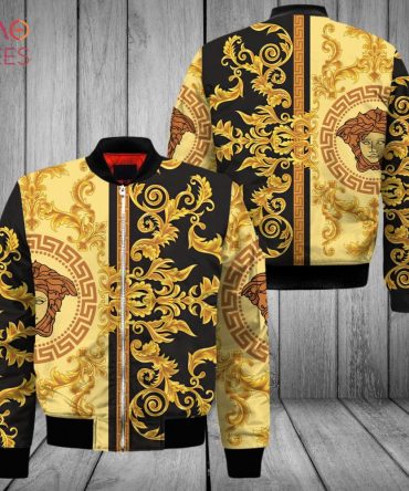 Luxurious Baroque Gold & Black Medusa Print Bomber Jacket – Bold Fashion Statement