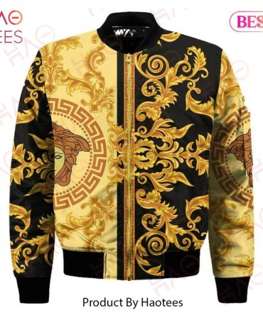 Luxury Baroque Print Bomber Jacket - Stylish Gold Black Design , Haotees