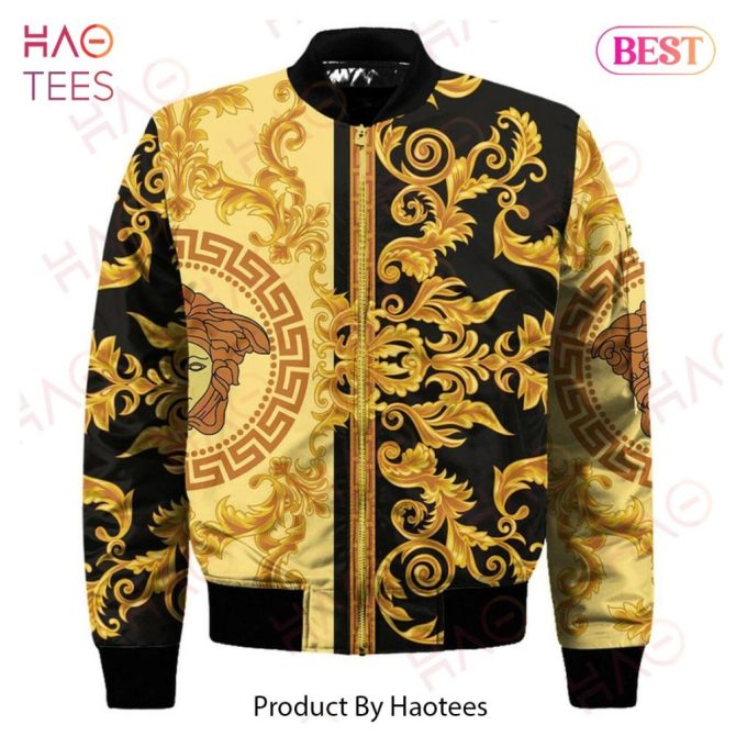 Luxury Baroque Print Bomber Jacket - Stylish Gold Black Design , Haotees