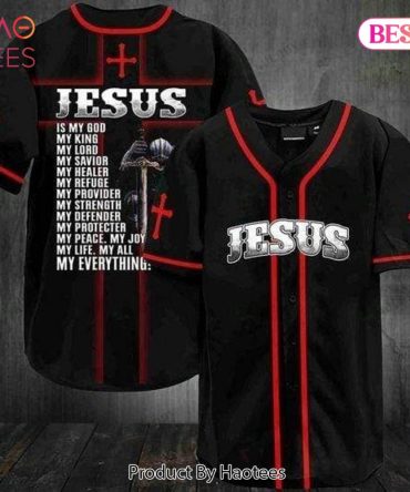 Bold 'Jesus' Baseball Jersey - Faith-Inspired Design, Black & Red, Unisex