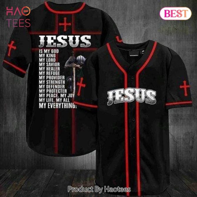 Bold 'Jesus' Baseball Jersey - Faith-Inspired Design, Black & Red, Unisex
