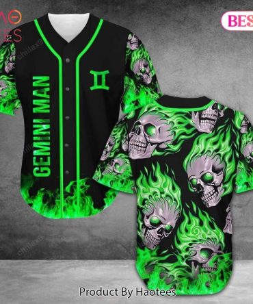 Gemini Man Baseball Jersey – Green Flame Skull Design, Custom Zodiac Shirt