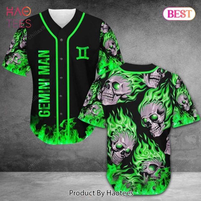 Gemini Man Baseball Jersey – Green Flame Skull Design, Custom Zodiac Shirt
