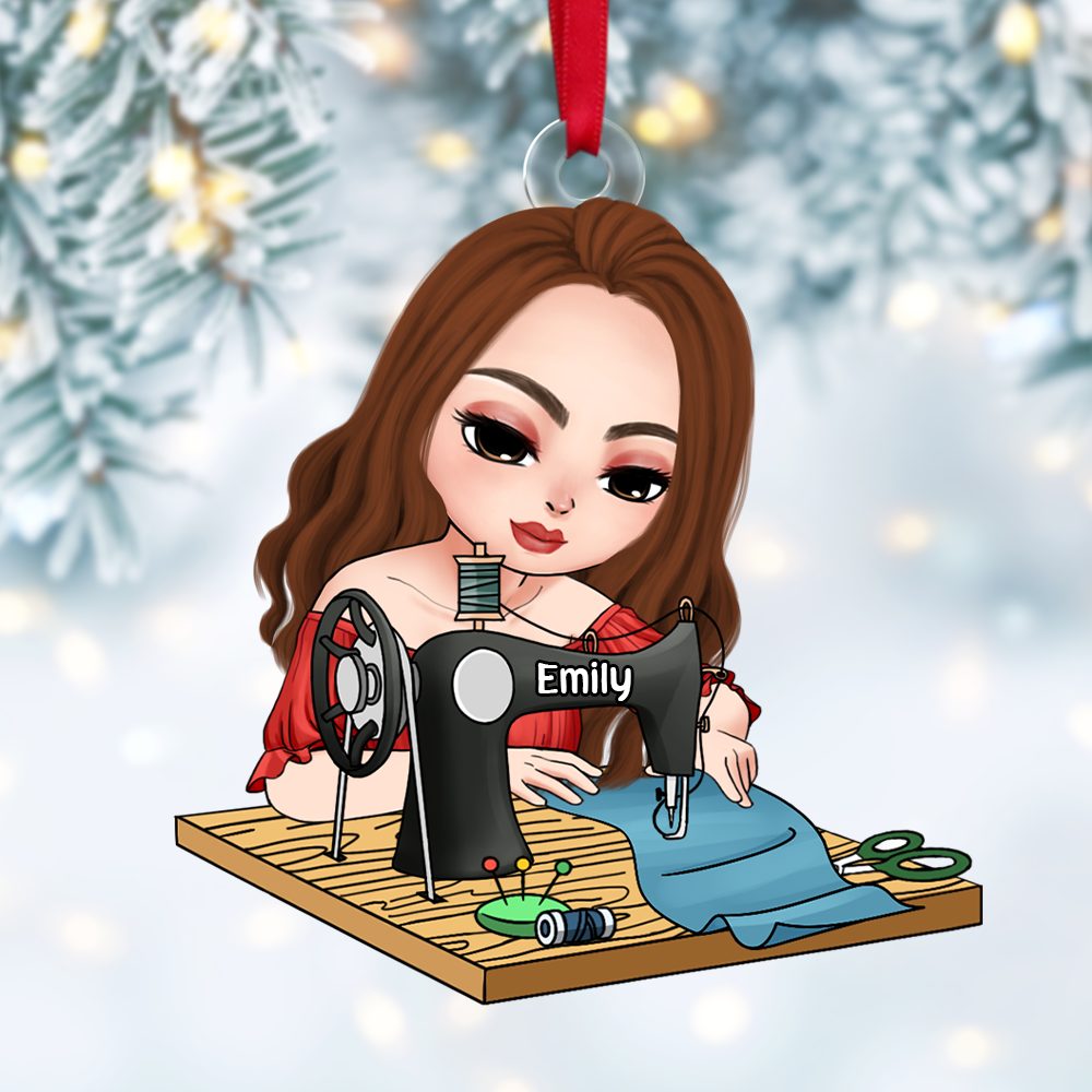 Personalized Gift For Sewing Lovers, Sitting Girl Sewing Ornament 02Acpu121124 - Image 2