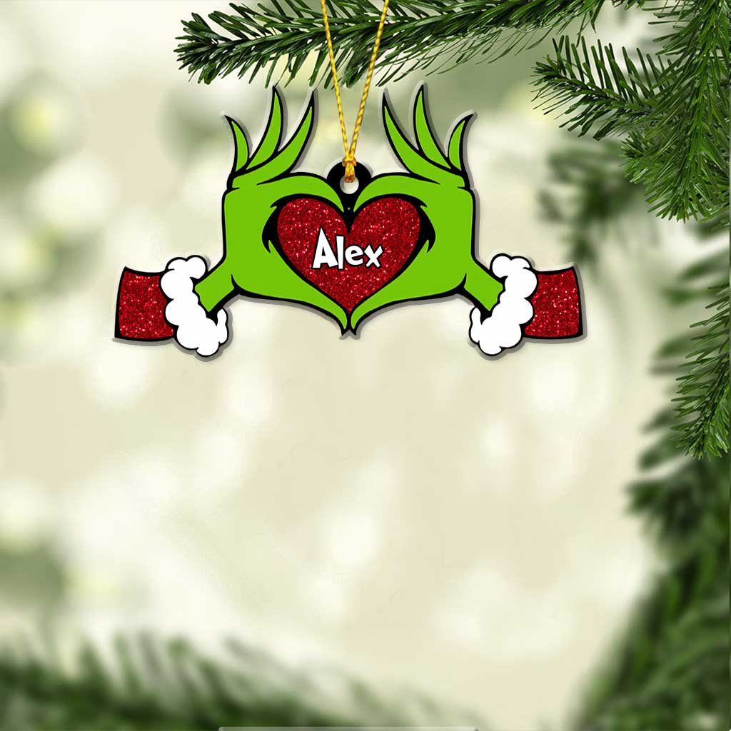 Green Heart Hand - Personalized Christmas Stole Christmas Ornament With Faux Glitter Pattern Printed (Printed On Both Sides) Grinch Christmas Ornament