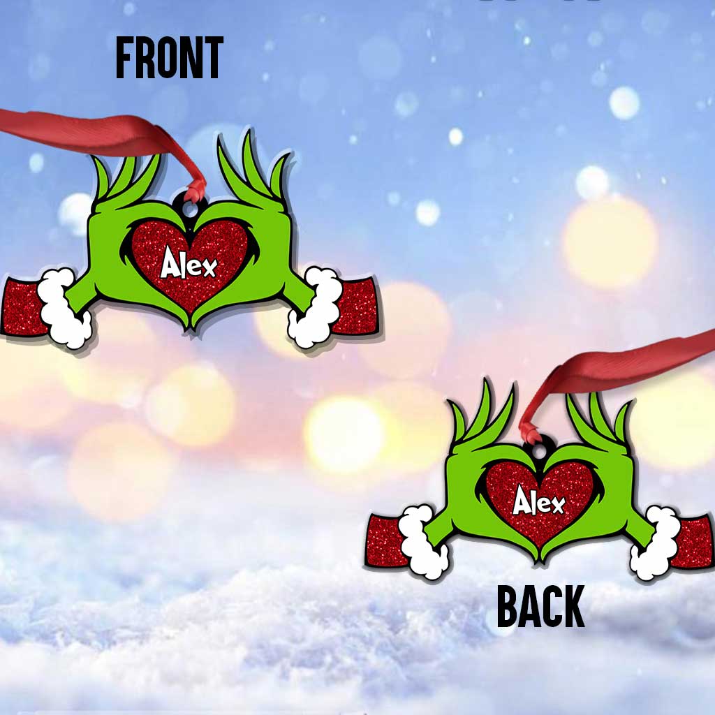 Green Heart Hand - Personalized Christmas Stole Christmas Ornament With Faux Glitter Pattern Printed (Printed On Both Sides) Grinch Christmas Ornament - Image 3