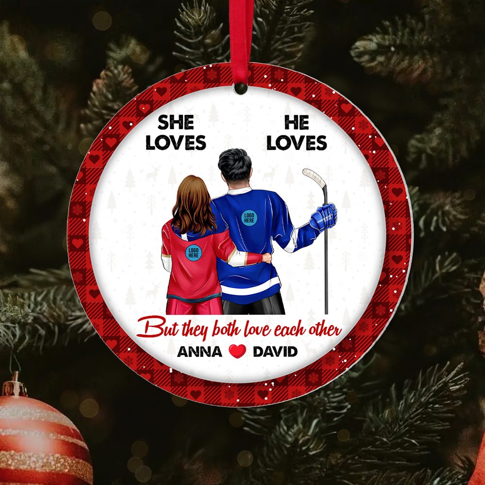 Hockey Couple Ornament - Personalized Gifts With Custom Team Logo For Ice Hockey Lovers - Image 2