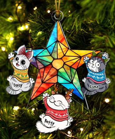 Personalized Gifts For Cat Lovers, Funny Naughty Cat Hanging On Christmas Star 04Qhqn250924