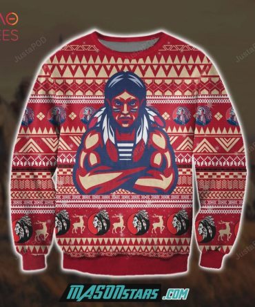 Bold Tribal Warrior Christmas Sweater - Unique Red Festive Design, Perfect Gift For Him