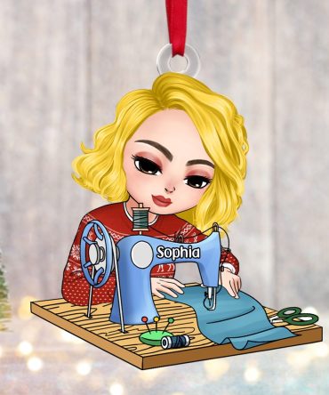 Personalized Gift For Sewing Lovers, Sitting Girl Sewing Ornament 02Acpu121124