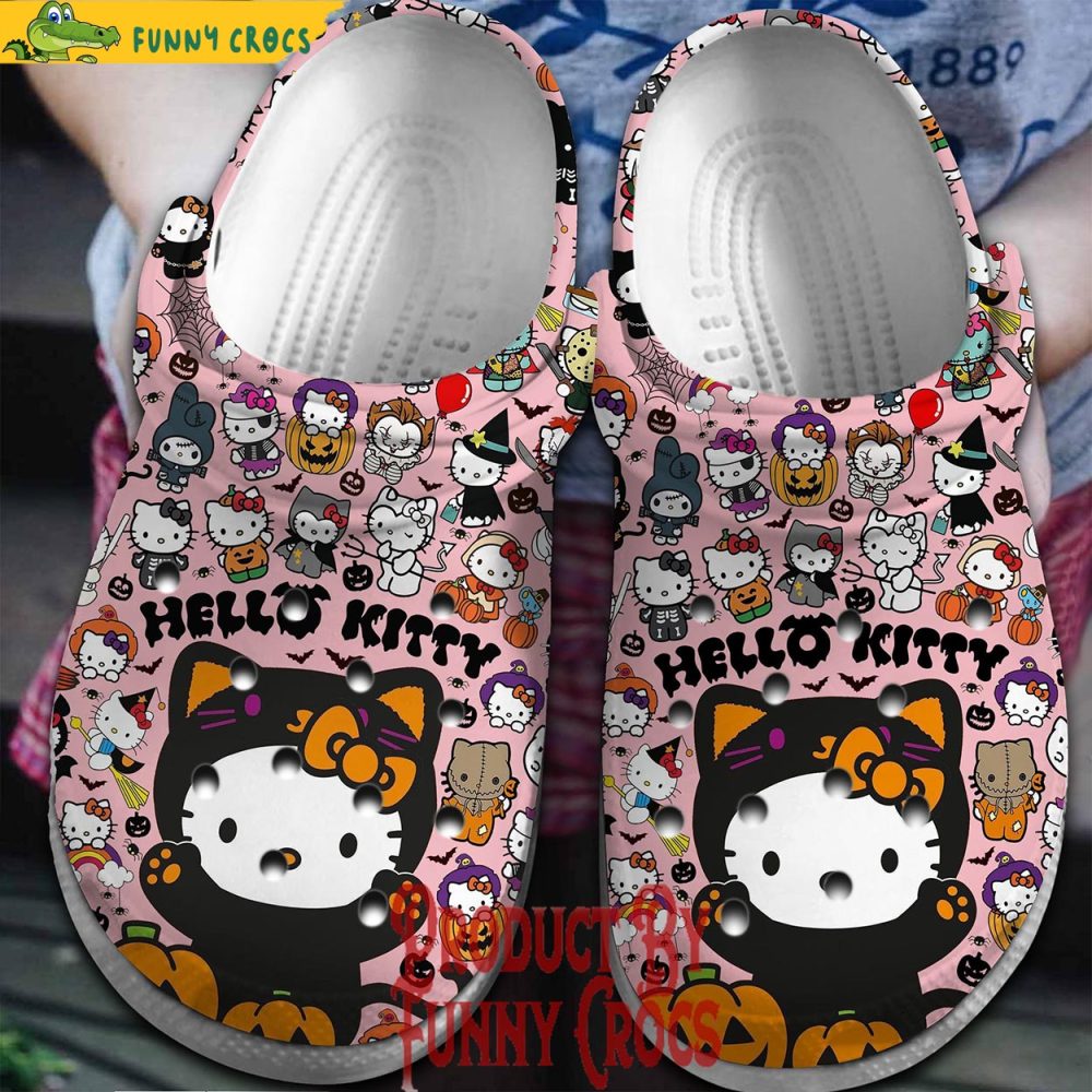 Black Hello Kitty Halloween Pattern Pink Crocs - Discover Comfort And Style Clog Shoes Unisex Clogs Garden Shoes