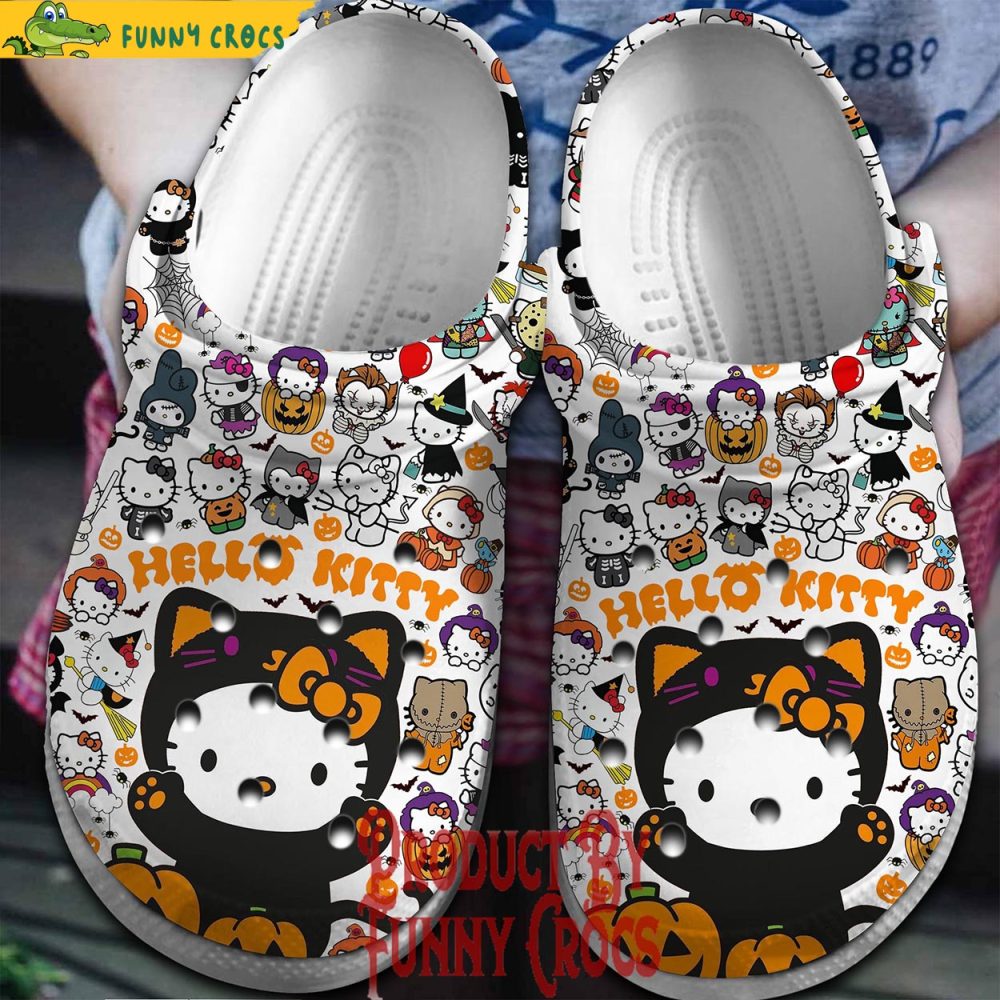 Black Hello Kitty Halloween Pattern White Crocs - Discover Comfort And Style Clog Shoes Unisex Clogs Garden Shoes - Image 2