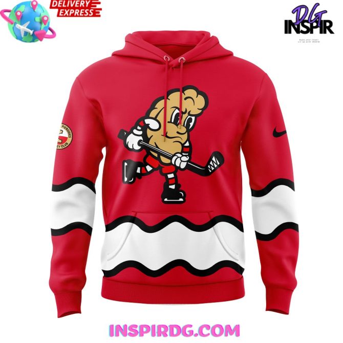 Cleveland Monsters Pucks & Pierogies Weekend Special Red All Over Print Hoodie - Image 2
