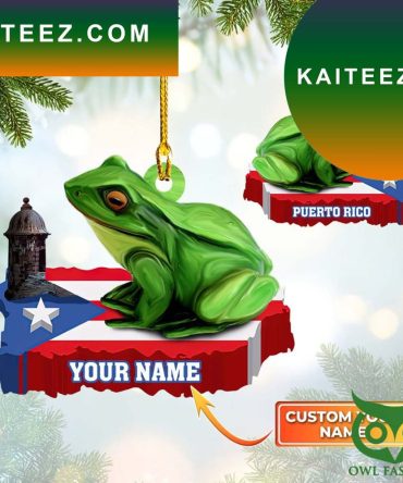 Custom Name Puerto Rico With Green Frog Sitting On Territory Flag Christmas Ornament