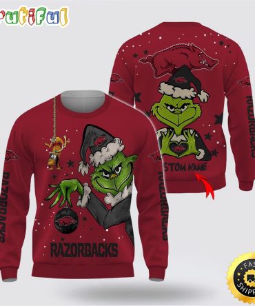 Custom Name Ncaa Arkansas Razorbacks Ugly Sweater Grinch Funny Christmas Football Sweater