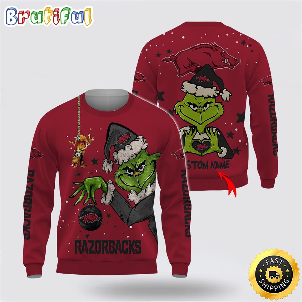 Custom Name Ncaa Arkansas Razorbacks Ugly Sweater Grinch Funny Christmas Football Sweater