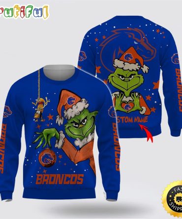 Custom Name Ncaa Boise State Broncos Ugly Sweater Grinch Funny Christmas Football Sweater