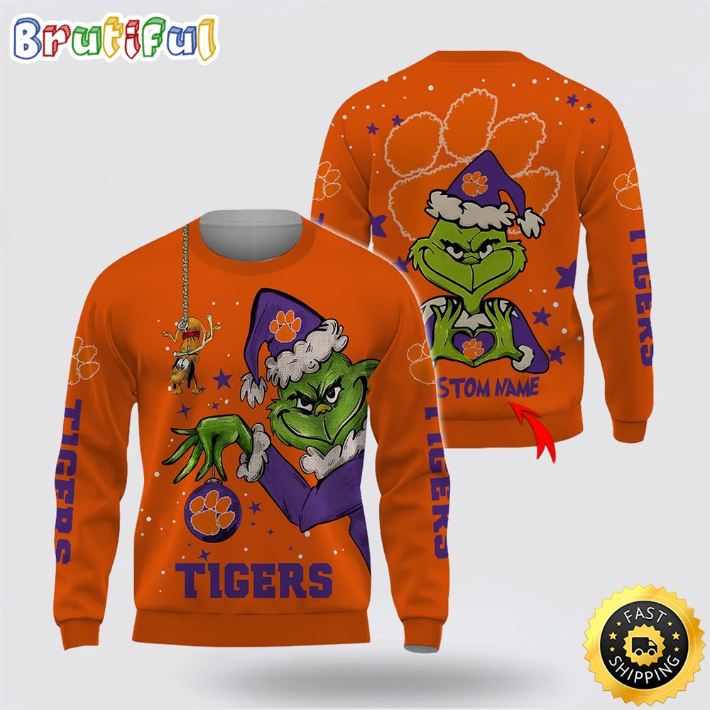 Custom Name Ncaa Clemson Tigers Ugly Sweater Grinch Funny Christmas Football Sweater