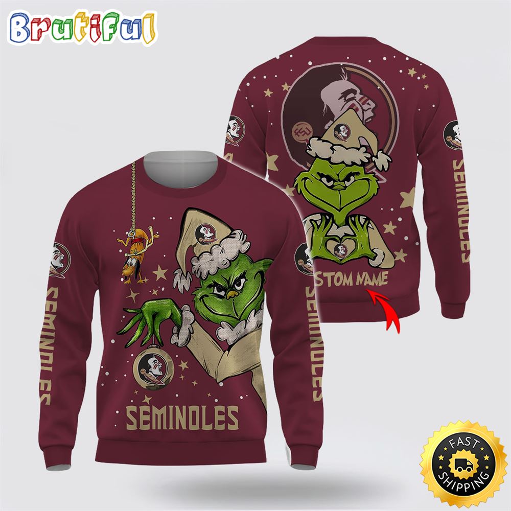 Custom Name Ncaa Florida State Seminoles Ugly Sweater Grinch Funny Christmas Football Sweater