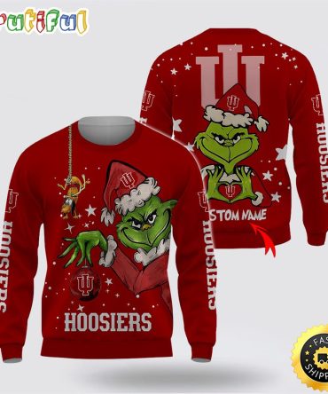 Custom Name Ncaa Indiana Hoosiers Ugly Sweater Grinch Funny Christmas Football Sweater