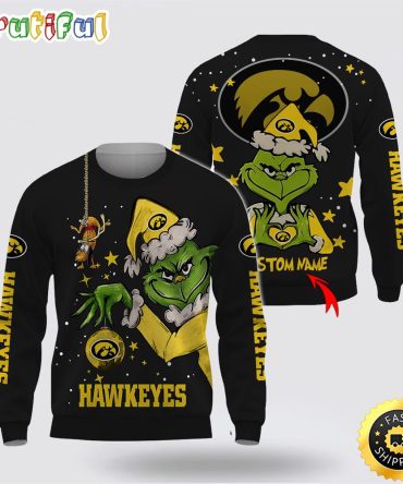Custom Name Ncaa Iowa Hawkeyes Ugly Sweater Grinch Funny Christmas Football Sweater