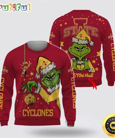 Custom Name Ncaa Iowa State Cyclones Ugly Sweater Grinch Funny Christmas Football Sweater