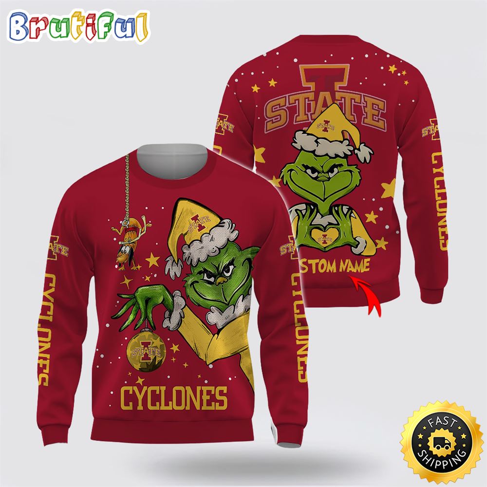 Custom Name Ncaa Iowa State Cyclones Ugly Sweater Grinch Funny Christmas Football Sweater