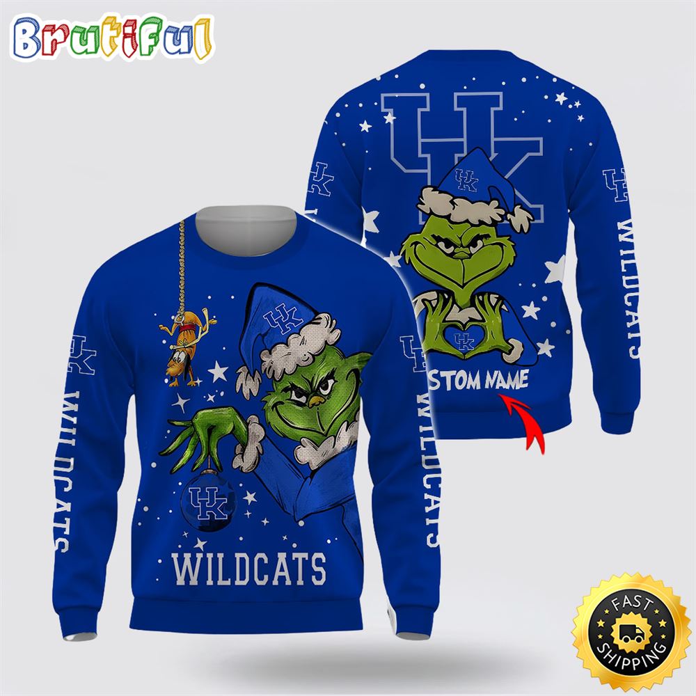 Custom Name Ncaa Kentucky Wildcats Ugly Sweater Grinch Funny Christmas Football Sweater