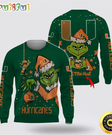 Custom Name Ncaa Miami Hurricanes Ugly Sweater Grinch Funny Christmas Football Sweater