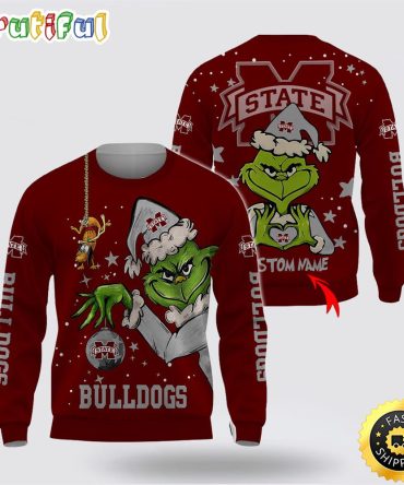 Custom Name Ncaa Mississippi State Bulldogs Ugly Sweater Grinch Funny Christmas Football Sweater