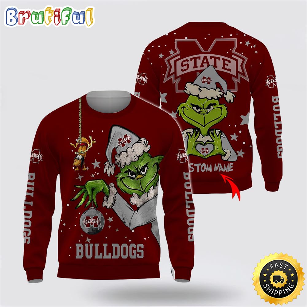 Custom Name Ncaa Mississippi State Bulldogs Ugly Sweater Grinch Funny Christmas Football Sweater